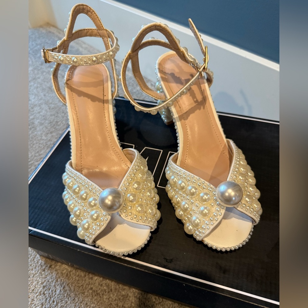 Jimmy Choo-like Sacaria Platform Pearl Wedding Open Toe Heels (Size 6)